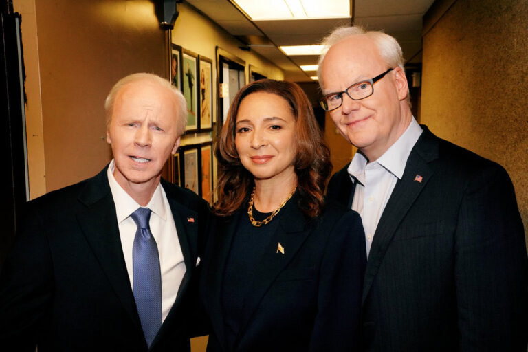Dana Carvey in costume as Joe Biden, Maya Rudolph dressed as Kamala Harris, and Jim Gaffigan standing side by side.